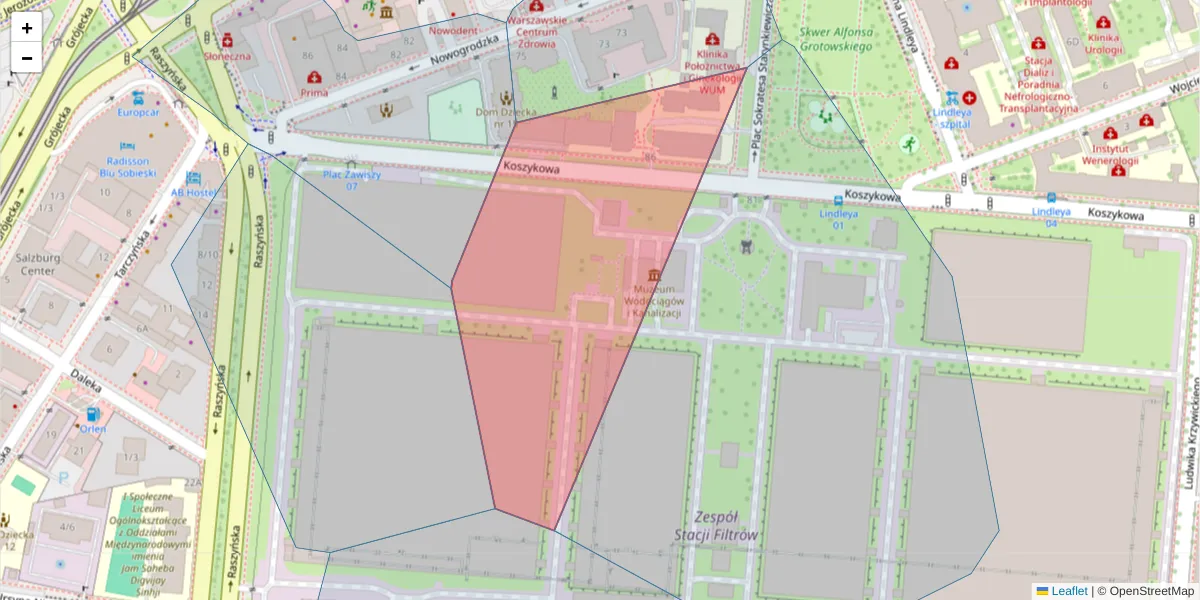 Szczegółowa mapa kodu pocztowego 02-008 z granicami, sąsiednimi kodami pocztowymi i urzędami pocztowymi