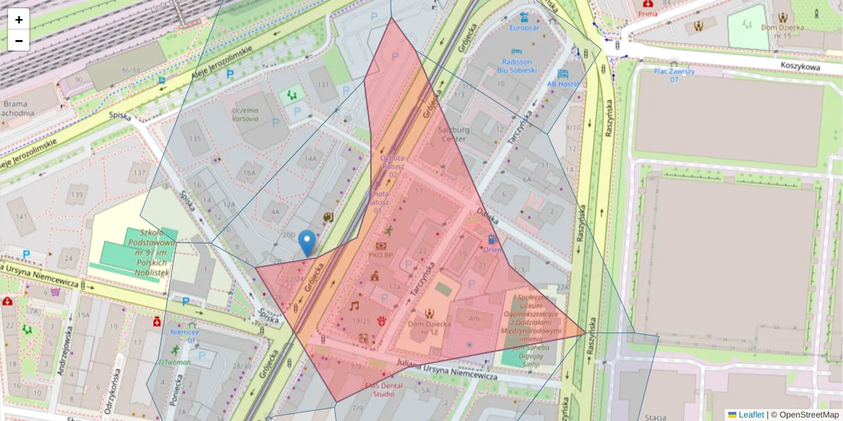Szczegółowa mapa kodu pocztowego 02-021 z granicami, sąsiednimi kodami pocztowymi i urzędami pocztowymi