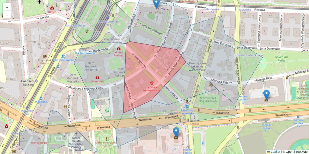 Szczegółowa mapa kodu pocztowego 02-041 z granicami, sąsiednimi kodami pocztowymi i urzędami pocztowymi