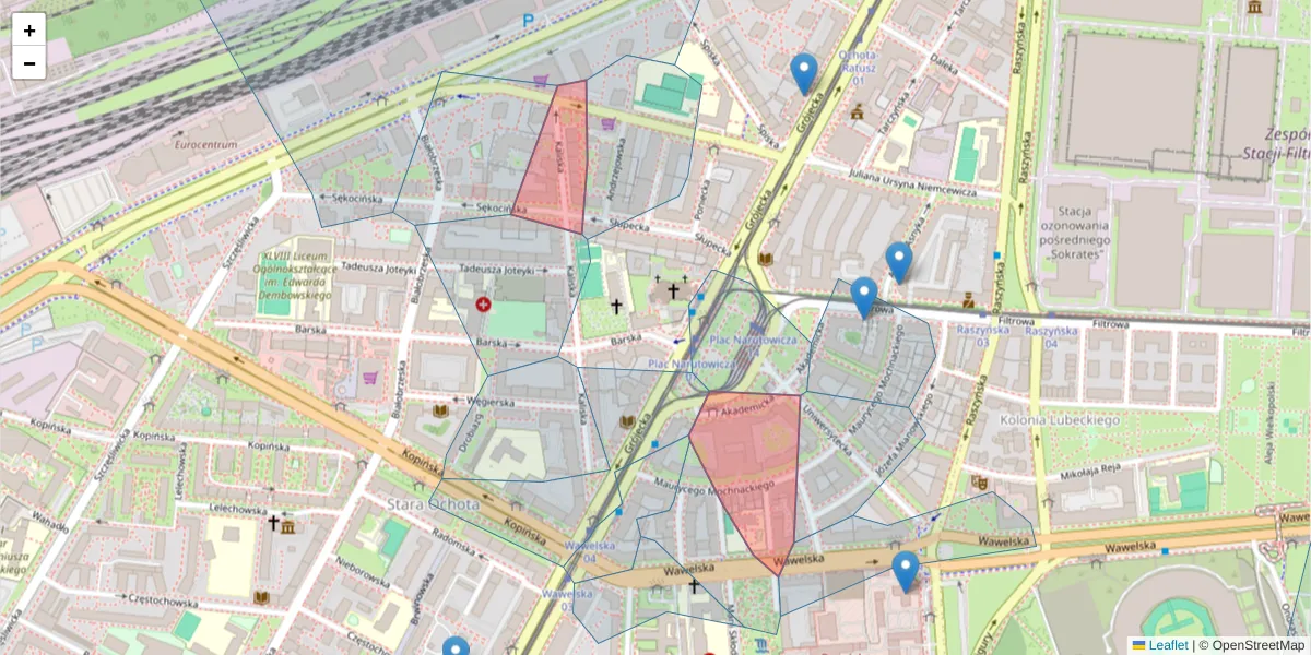 Szczegółowa mapa kodu pocztowego 02-042 z granicami, sąsiednimi kodami pocztowymi i urzędami pocztowymi