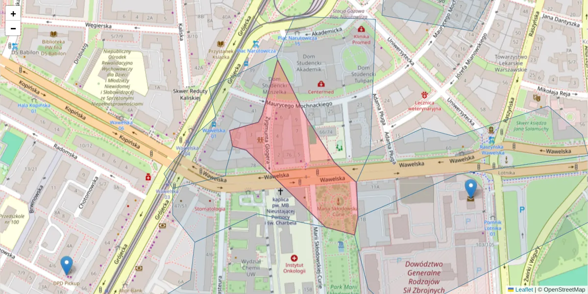 Szczegółowa mapa kodu pocztowego 02-051 z granicami, sąsiednimi kodami pocztowymi i urzędami pocztowymi