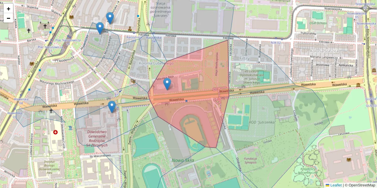 Szczegółowa mapa kodu pocztowego 02-053 z granicami, sąsiednimi kodami pocztowymi i urzędami pocztowymi