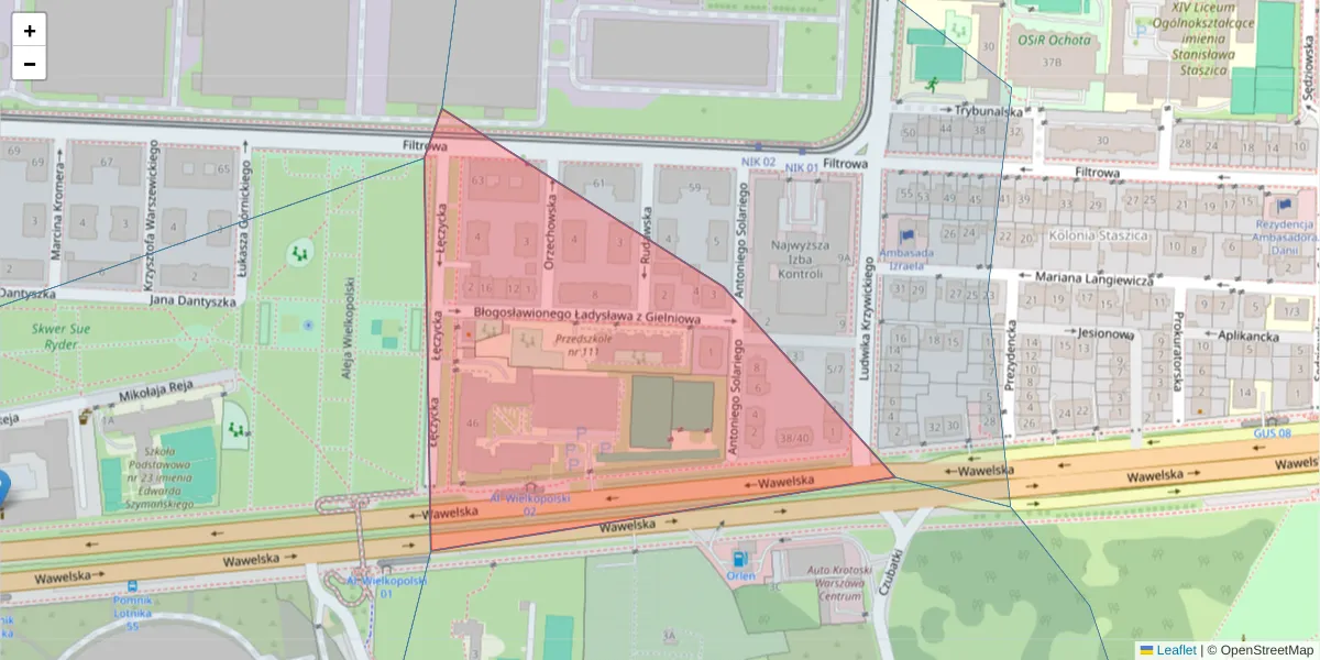 Szczegółowa mapa kodu pocztowego 02-070 z granicami, sąsiednimi kodami pocztowymi i urzędami pocztowymi