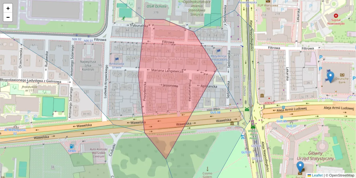 Szczegółowa mapa kodu pocztowego 02-071 z granicami, sąsiednimi kodami pocztowymi i urzędami pocztowymi