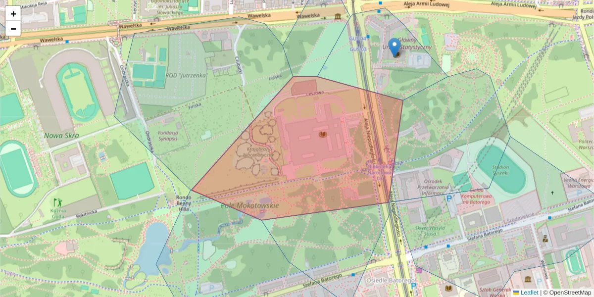 Szczegółowa mapa kodu pocztowego 02-086 z granicami, sąsiednimi kodami pocztowymi i urzędami pocztowymi