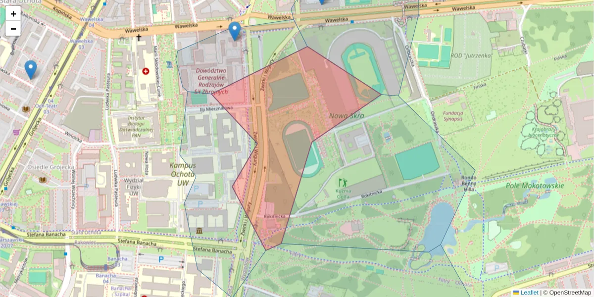 Szczegółowa mapa kodu pocztowego 02-090 z granicami, sąsiednimi kodami pocztowymi i urzędami pocztowymi
