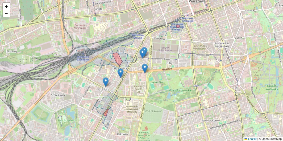 Szczegółowa mapa kodu pocztowego 02-101 z granicami, sąsiednimi kodami pocztowymi i urzędami pocztowymi