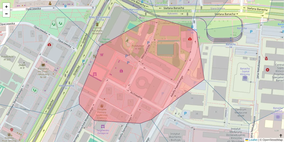 Szczegółowa mapa kodu pocztowego 02-103 z granicami, sąsiednimi kodami pocztowymi i urzędami pocztowymi