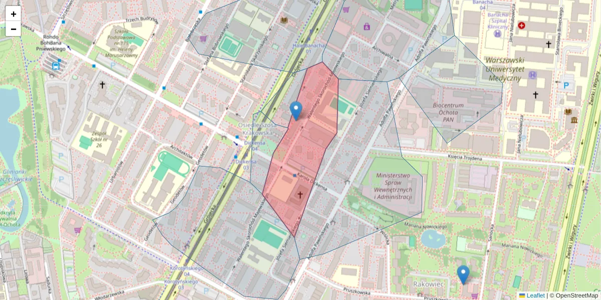 Szczegółowa mapa kodu pocztowego 02-105 z granicami, sąsiednimi kodami pocztowymi i urzędami pocztowymi