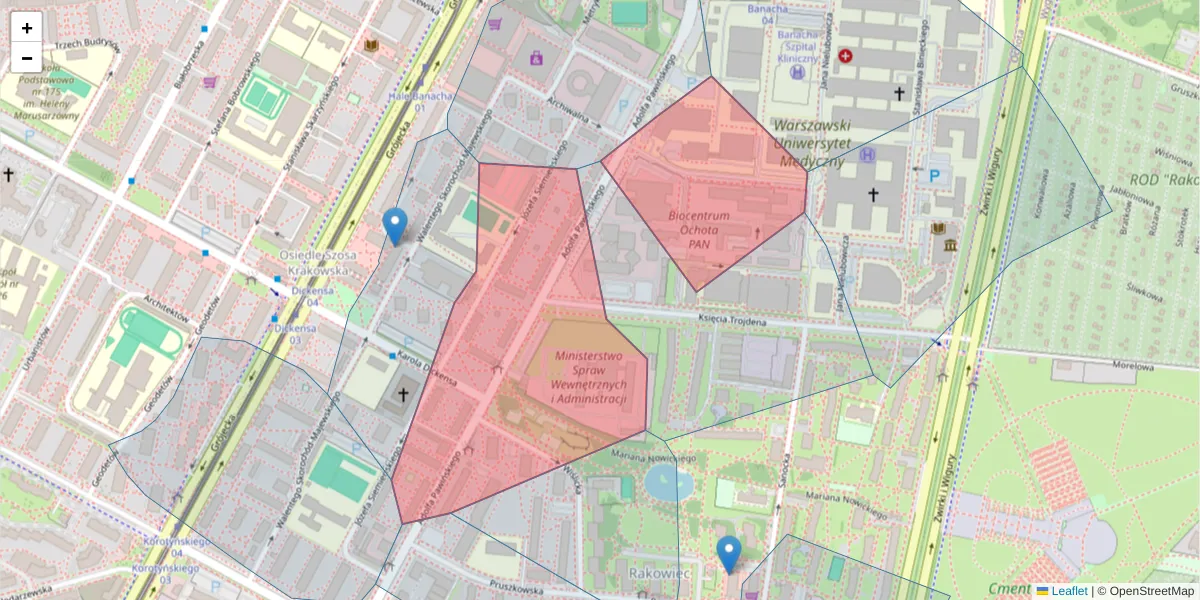 Szczegółowa mapa kodu pocztowego 02-106 z granicami, sąsiednimi kodami pocztowymi i urzędami pocztowymi