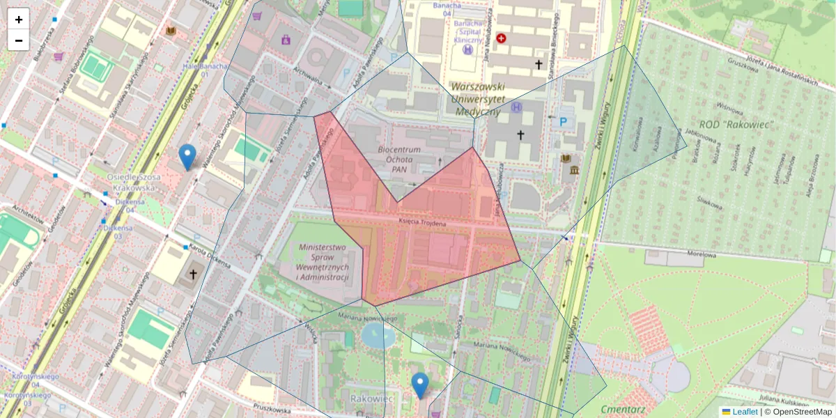 Szczegółowa mapa kodu pocztowego 02-109 z granicami, sąsiednimi kodami pocztowymi i urzędami pocztowymi