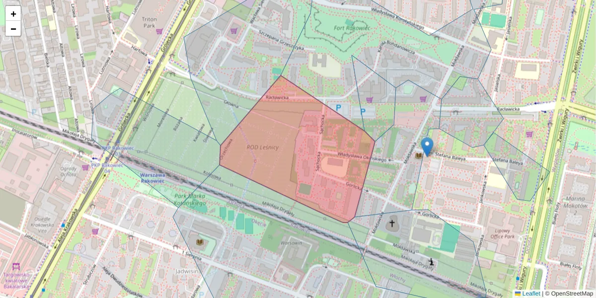 Szczegółowa mapa kodu pocztowego 02-116 z granicami, sąsiednimi kodami pocztowymi i urzędami pocztowymi