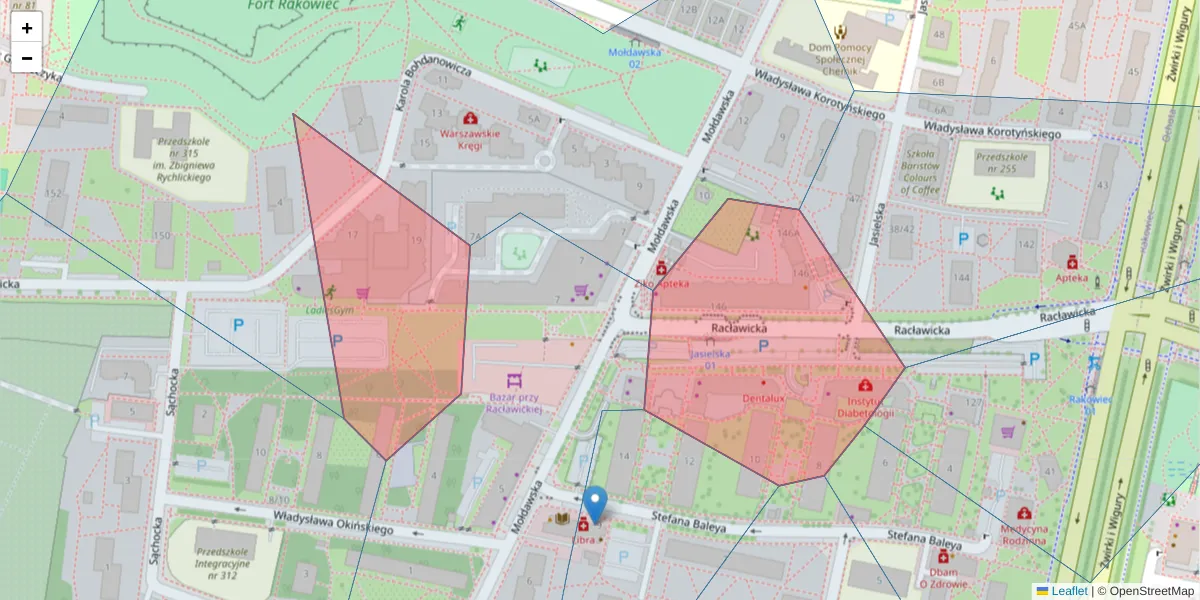 Szczegółowa mapa kodu pocztowego 02-117 z granicami, sąsiednimi kodami pocztowymi i urzędami pocztowymi