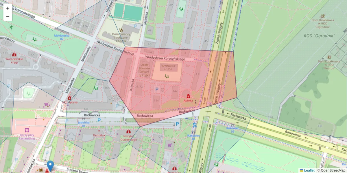 Szczegółowa mapa kodu pocztowego 02-121 z granicami, sąsiednimi kodami pocztowymi i urzędami pocztowymi