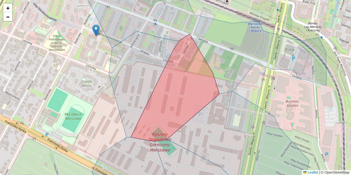 Szczegółowa mapa kodu pocztowego 02-142 z granicami, sąsiednimi kodami pocztowymi i urzędami pocztowymi