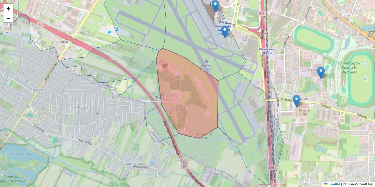 Szczegółowa mapa kodu pocztowego 02-147 z granicami, sąsiednimi kodami pocztowymi i urzędami pocztowymi