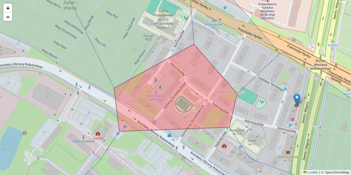 Szczegółowa mapa kodu pocztowego 02-153 z granicami, sąsiednimi kodami pocztowymi i urzędami pocztowymi