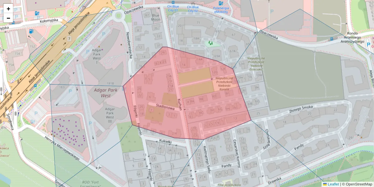Szczegółowa mapa kodu pocztowego 02-205 z granicami, sąsiednimi kodami pocztowymi i urzędami pocztowymi