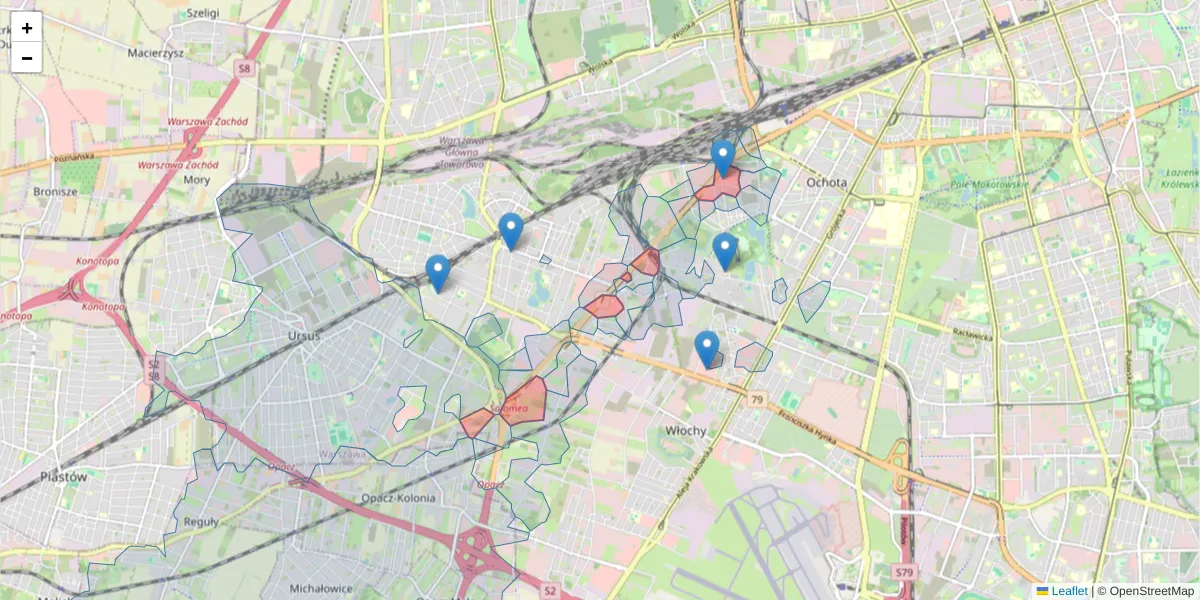 Szczegółowa mapa kodu pocztowego 02-222 z granicami, sąsiednimi kodami pocztowymi i urzędami pocztowymi