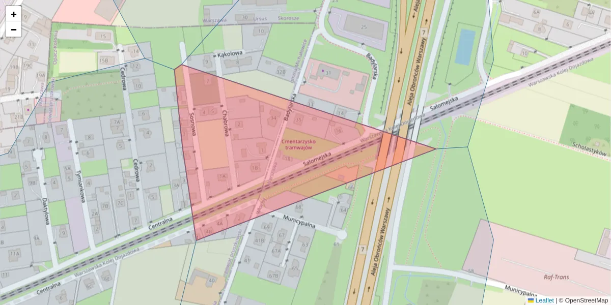 Szczegółowa mapa kodu pocztowego 02-283 z granicami, sąsiednimi kodami pocztowymi i urzędami pocztowymi