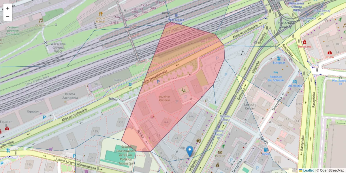 Szczegółowa mapa kodu pocztowego 02-304 z granicami, sąsiednimi kodami pocztowymi i urzędami pocztowymi