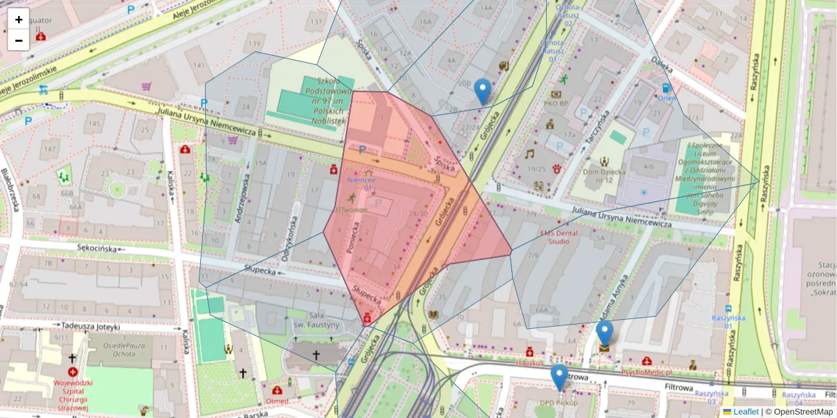 Szczegółowa mapa kodu pocztowego 02-308 z granicami, sąsiednimi kodami pocztowymi i urzędami pocztowymi