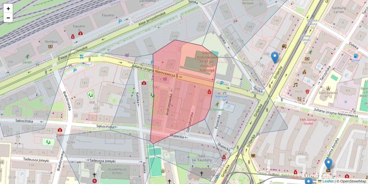 Szczegółowa mapa kodu pocztowego 02-312 z granicami, sąsiednimi kodami pocztowymi i urzędami pocztowymi