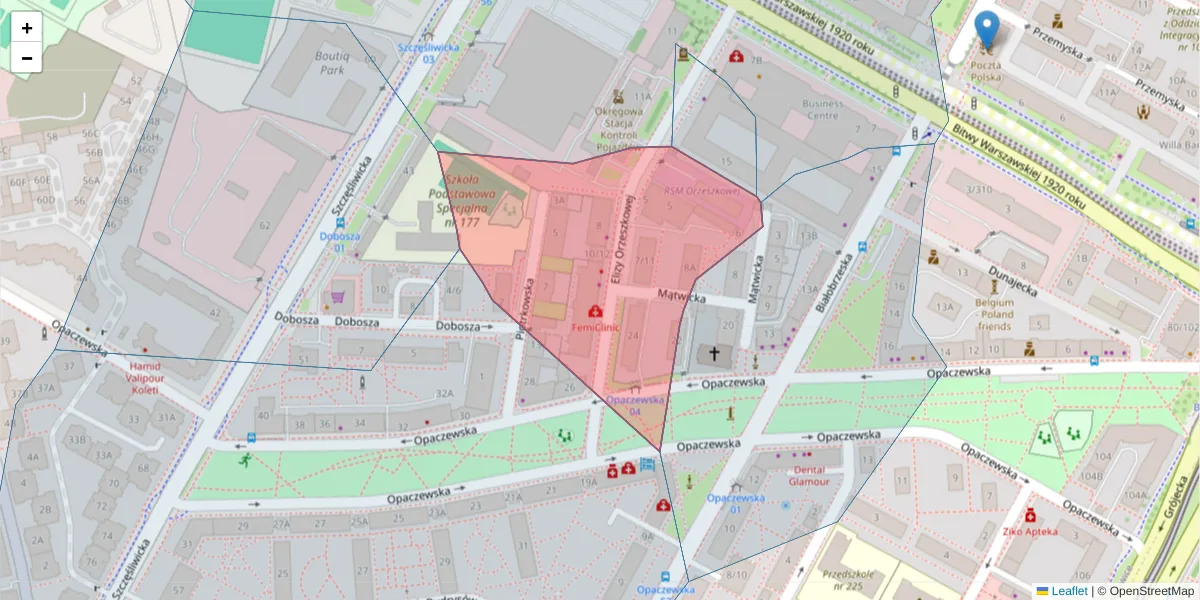 Szczegółowa mapa kodu pocztowego 02-374 z granicami, sąsiednimi kodami pocztowymi i urzędami pocztowymi