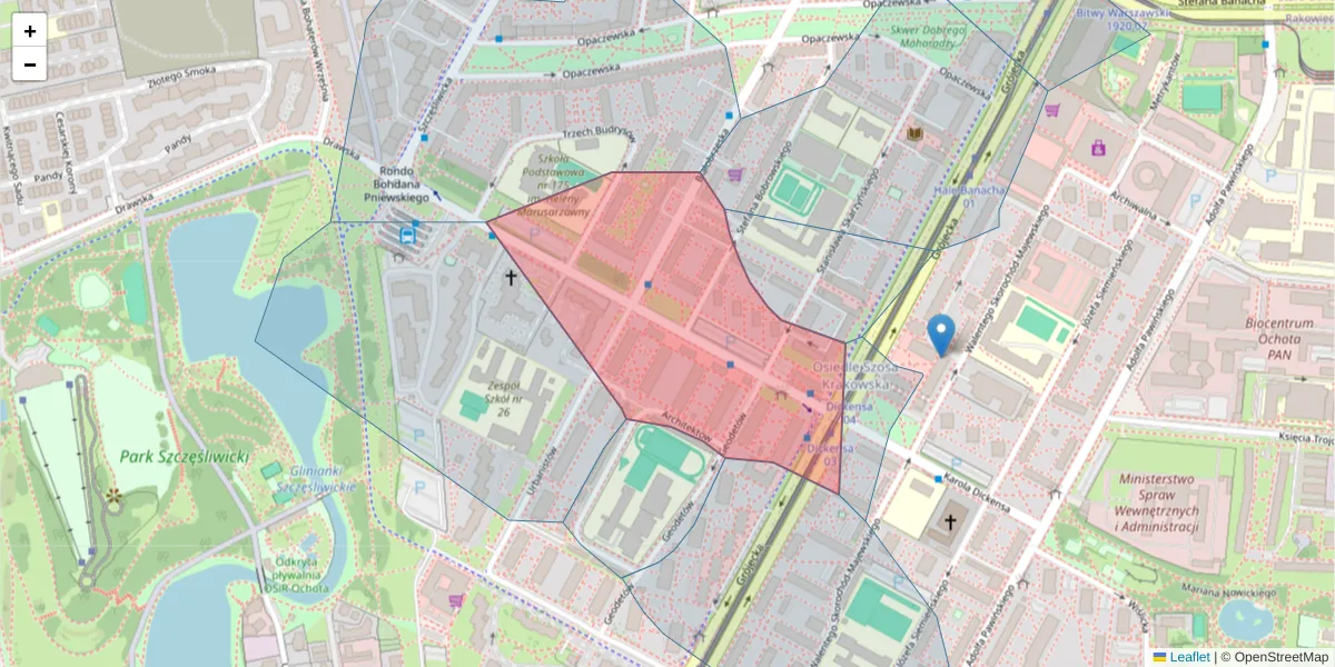 Szczegółowa mapa kodu pocztowego 02-382 z granicami, sąsiednimi kodami pocztowymi i urzędami pocztowymi