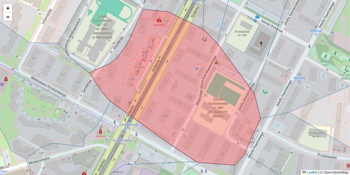 Szczegółowa mapa kodu pocztowego 02-383 z granicami, sąsiednimi kodami pocztowymi i urzędami pocztowymi