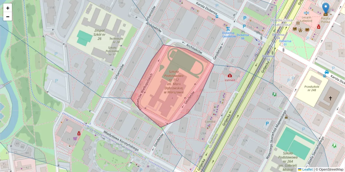 Szczegółowa mapa kodu pocztowego 02-396 z granicami, sąsiednimi kodami pocztowymi i urzędami pocztowymi
