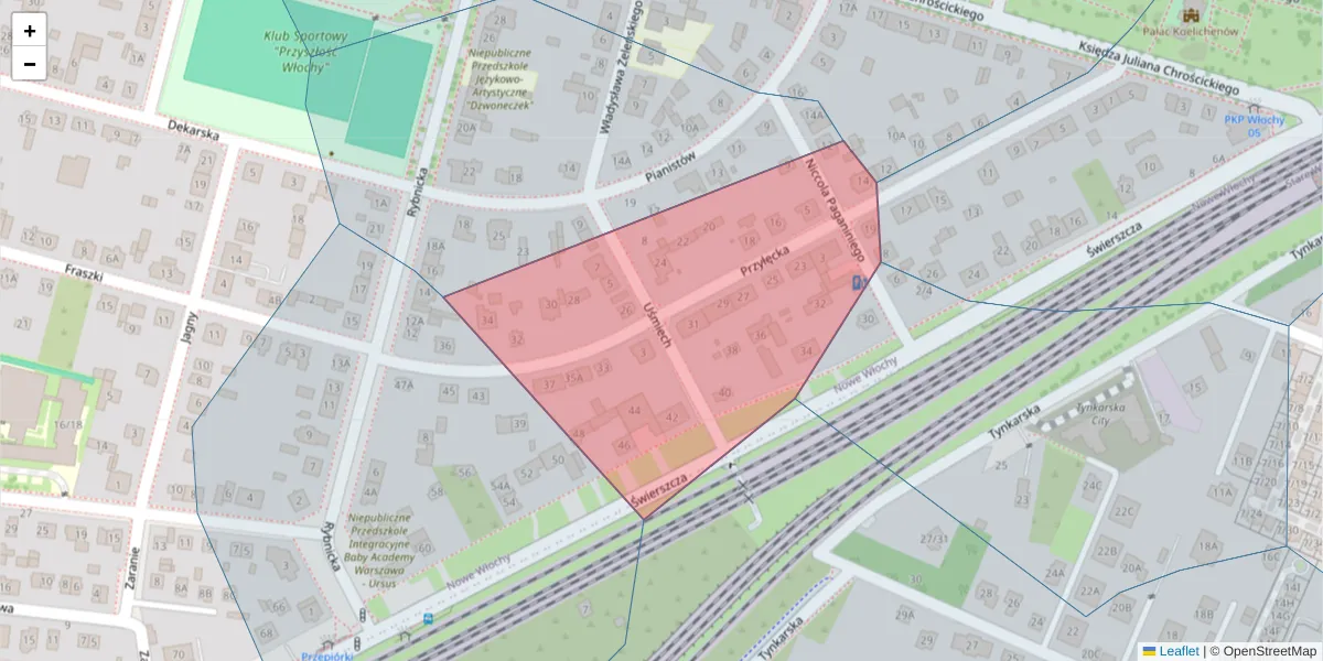 Szczegółowa mapa kodu pocztowego 02-402 z granicami, sąsiednimi kodami pocztowymi i urzędami pocztowymi