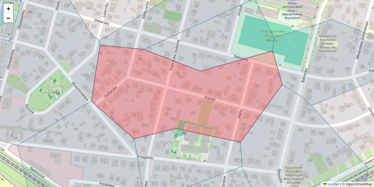 Szczegółowa mapa kodu pocztowego 02-406 z granicami, sąsiednimi kodami pocztowymi i urzędami pocztowymi