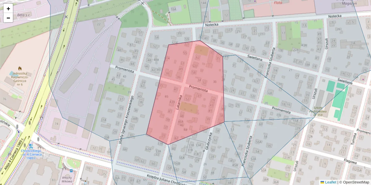 Szczegółowa mapa kodu pocztowego 02-423 z granicami, sąsiednimi kodami pocztowymi i urzędami pocztowymi