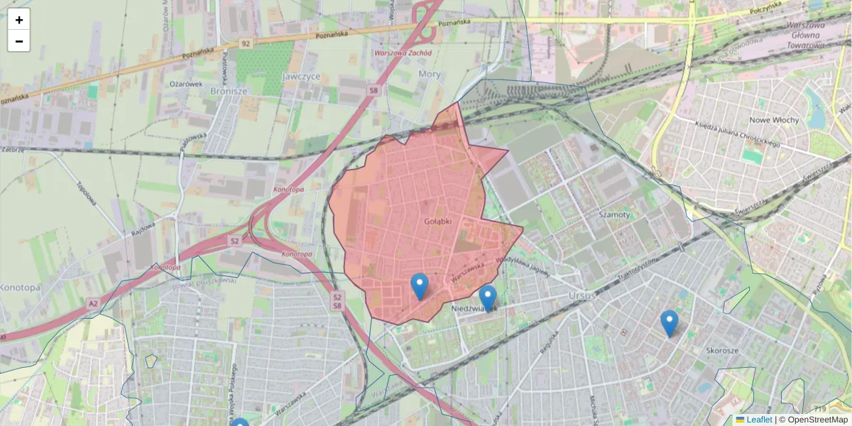 Szczegółowa mapa kodu pocztowego 02-496 z granicami, sąsiednimi kodami pocztowymi i urzędami pocztowymi