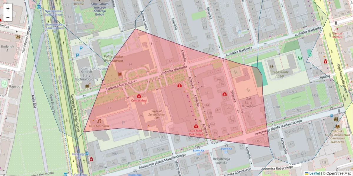 Szczegółowa mapa kodu pocztowego 02-524 z granicami, sąsiednimi kodami pocztowymi i urzędami pocztowymi