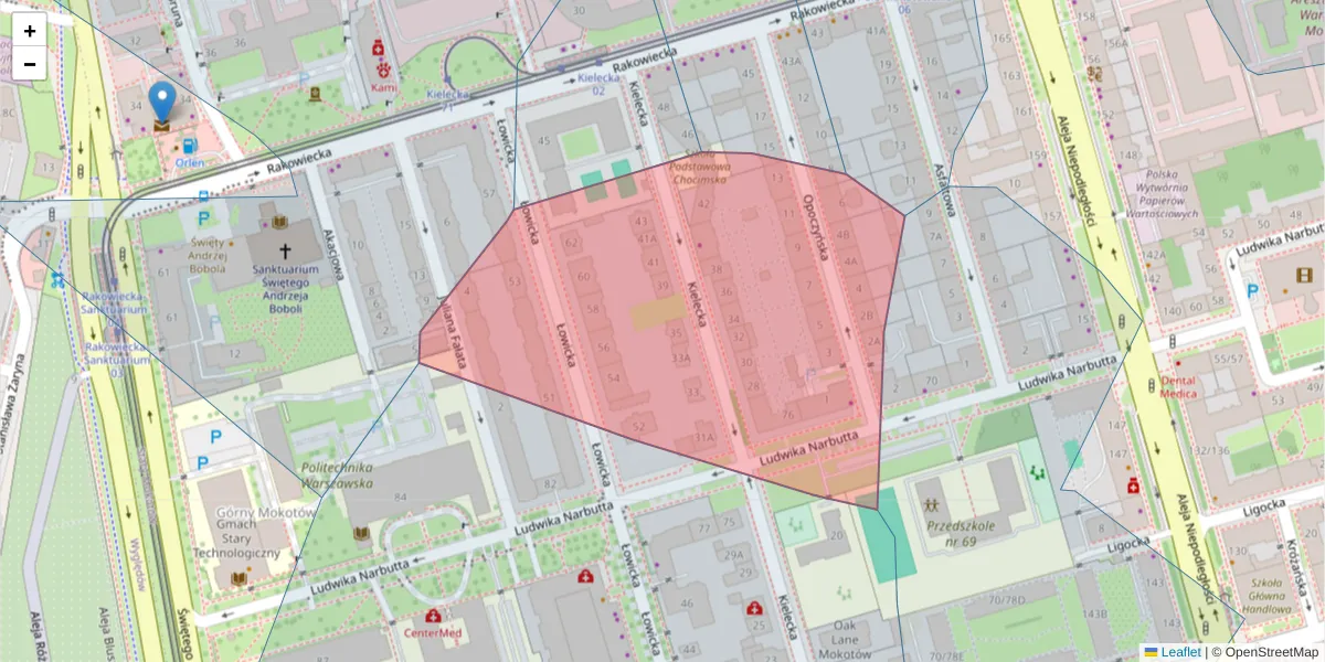 Szczegółowa mapa kodu pocztowego 02-530 z granicami, sąsiednimi kodami pocztowymi i urzędami pocztowymi