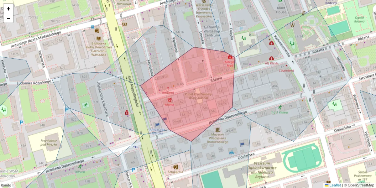 Szczegółowa mapa kodu pocztowego 02-579 z granicami, sąsiednimi kodami pocztowymi i urzędami pocztowymi