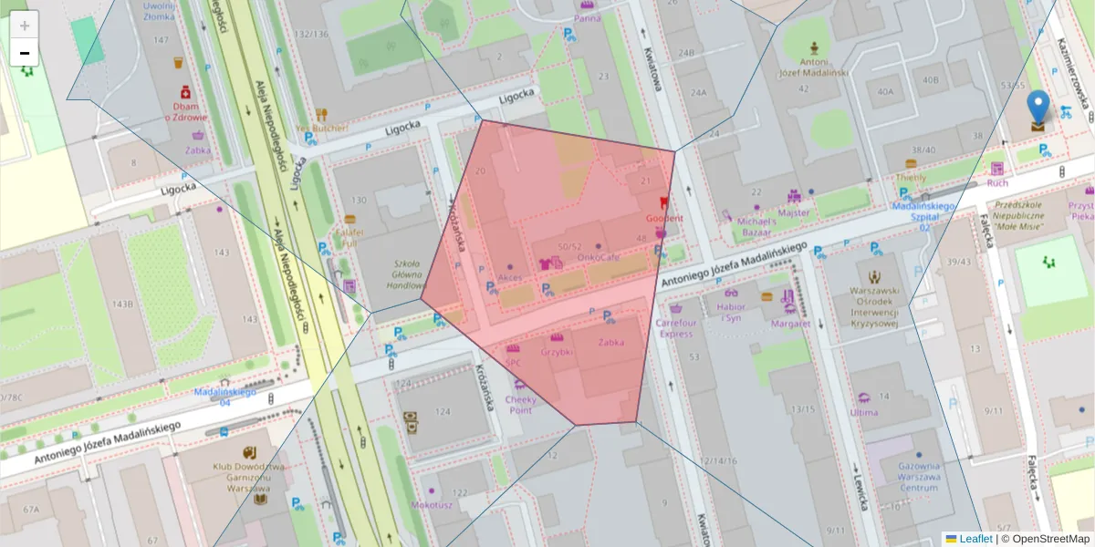 Szczegółowa mapa kodu pocztowego 02-581 z granicami, sąsiednimi kodami pocztowymi i urzędami pocztowymi
