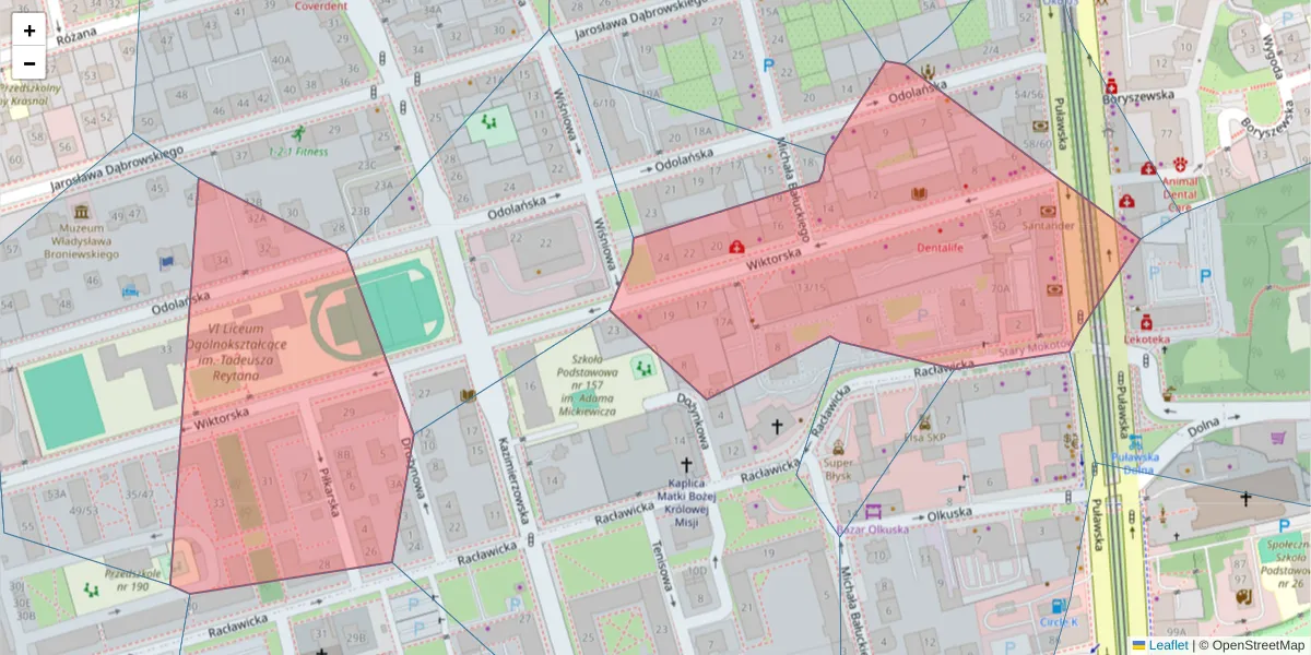 Szczegółowa mapa kodu pocztowego 02-587 z granicami, sąsiednimi kodami pocztowymi i urzędami pocztowymi