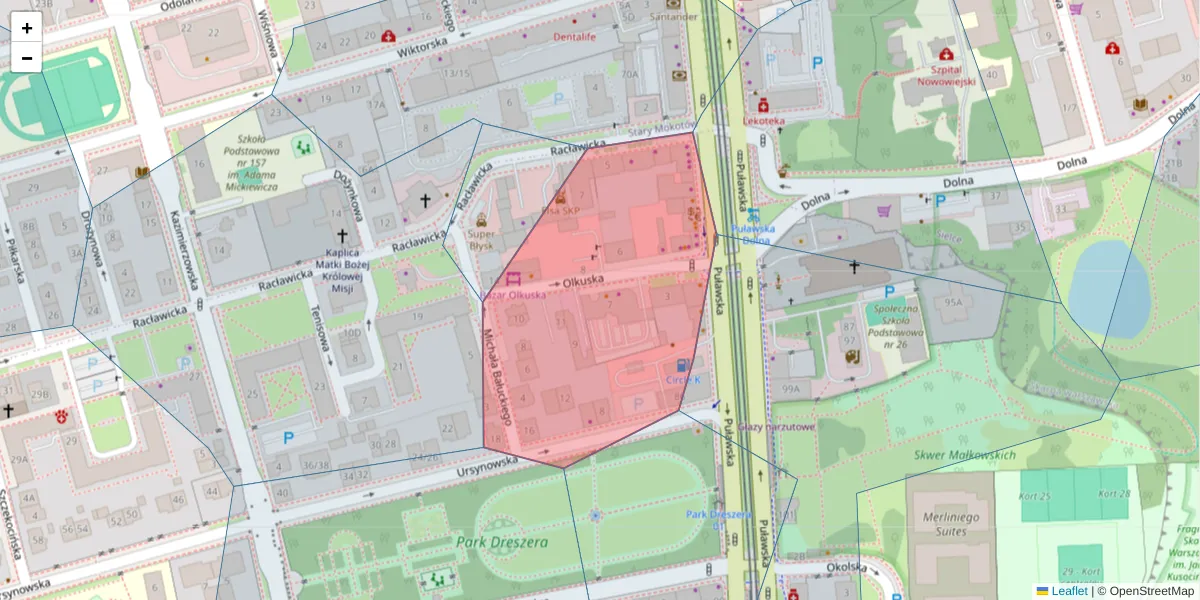 Szczegółowa mapa kodu pocztowego 02-604 z granicami, sąsiednimi kodami pocztowymi i urzędami pocztowymi