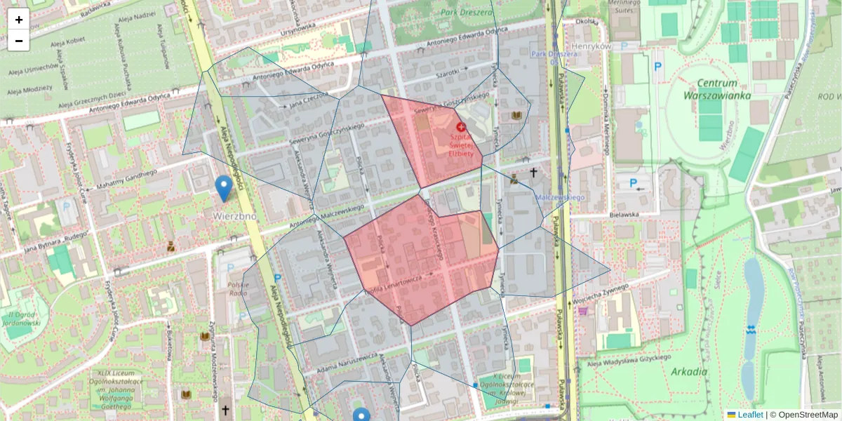 Szczegółowa mapa kodu pocztowego 02-611 z granicami, sąsiednimi kodami pocztowymi i urzędami pocztowymi