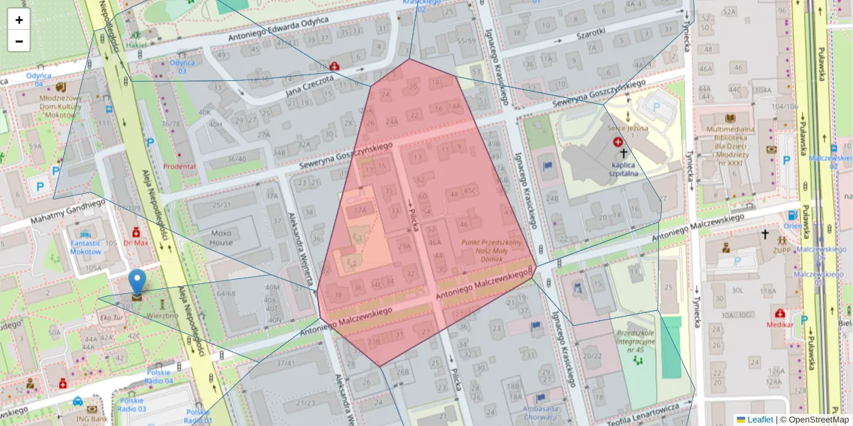 Szczegółowa mapa kodu pocztowego 02-612 z granicami, sąsiednimi kodami pocztowymi i urzędami pocztowymi