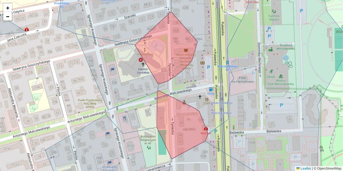 Szczegółowa mapa kodu pocztowego 02-621 z granicami, sąsiednimi kodami pocztowymi i urzędami pocztowymi