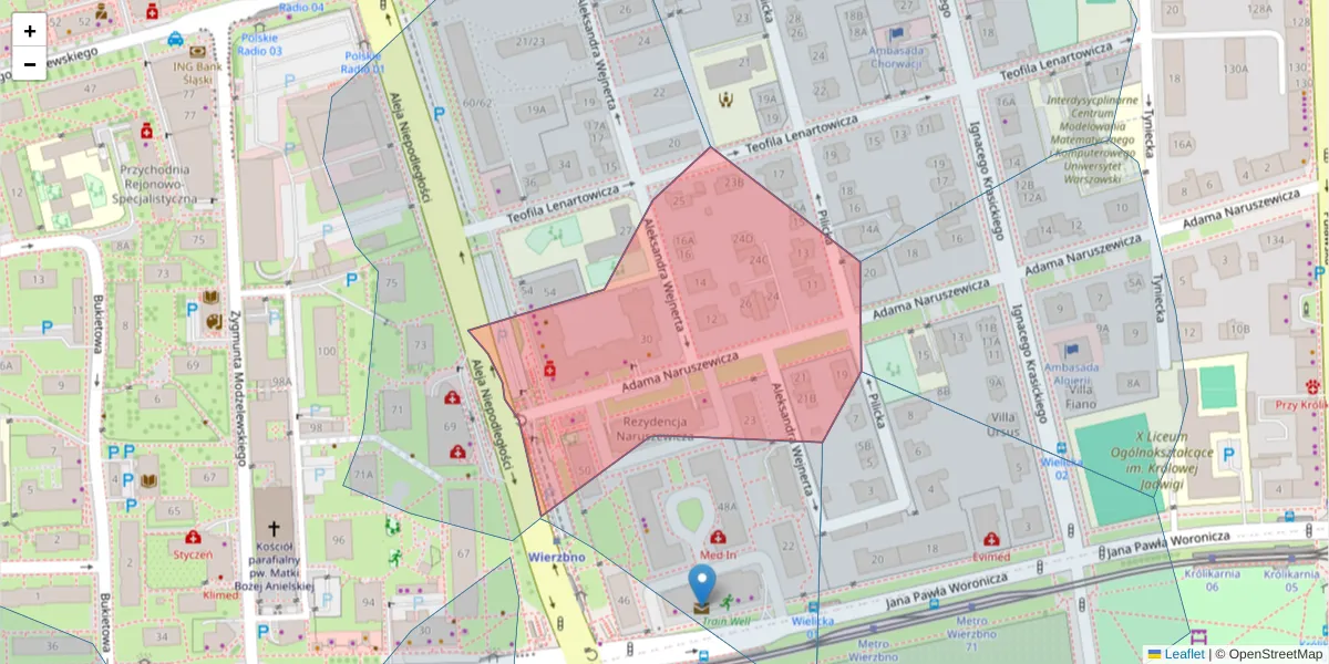 Szczegółowa mapa kodu pocztowego 02-627 z granicami, sąsiednimi kodami pocztowymi i urzędami pocztowymi
