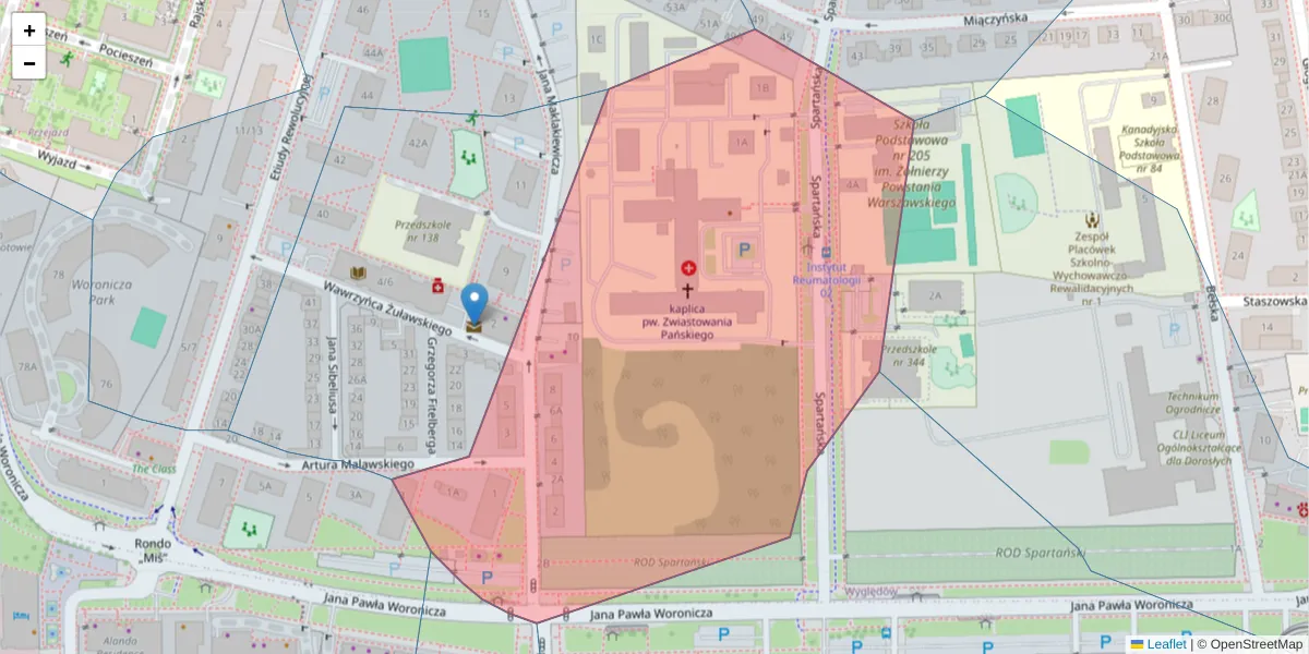 Szczegółowa mapa kodu pocztowego 02-642 z granicami, sąsiednimi kodami pocztowymi i urzędami pocztowymi