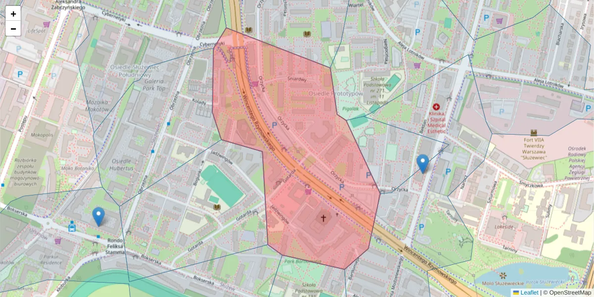 Szczegółowa mapa kodu pocztowego 02-697 z granicami, sąsiednimi kodami pocztowymi i urzędami pocztowymi