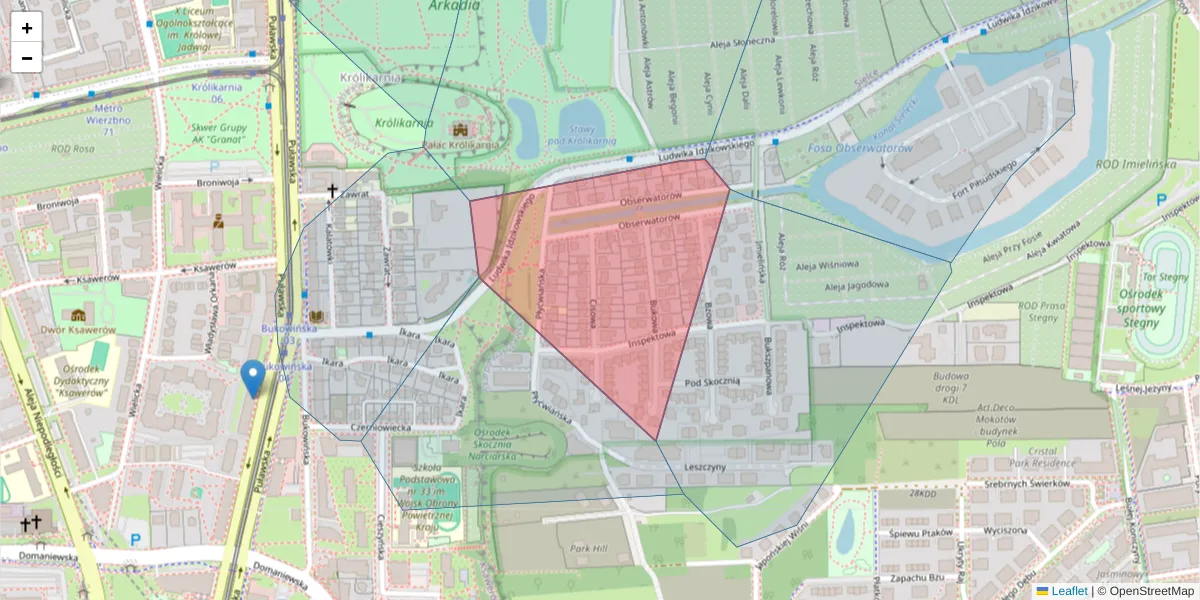 Szczegółowa mapa kodu pocztowego 02-708 z granicami, sąsiednimi kodami pocztowymi i urzędami pocztowymi