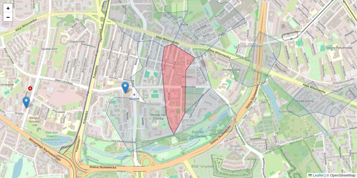 Szczegółowa mapa kodu pocztowego 02-736 z granicami, sąsiednimi kodami pocztowymi i urzędami pocztowymi