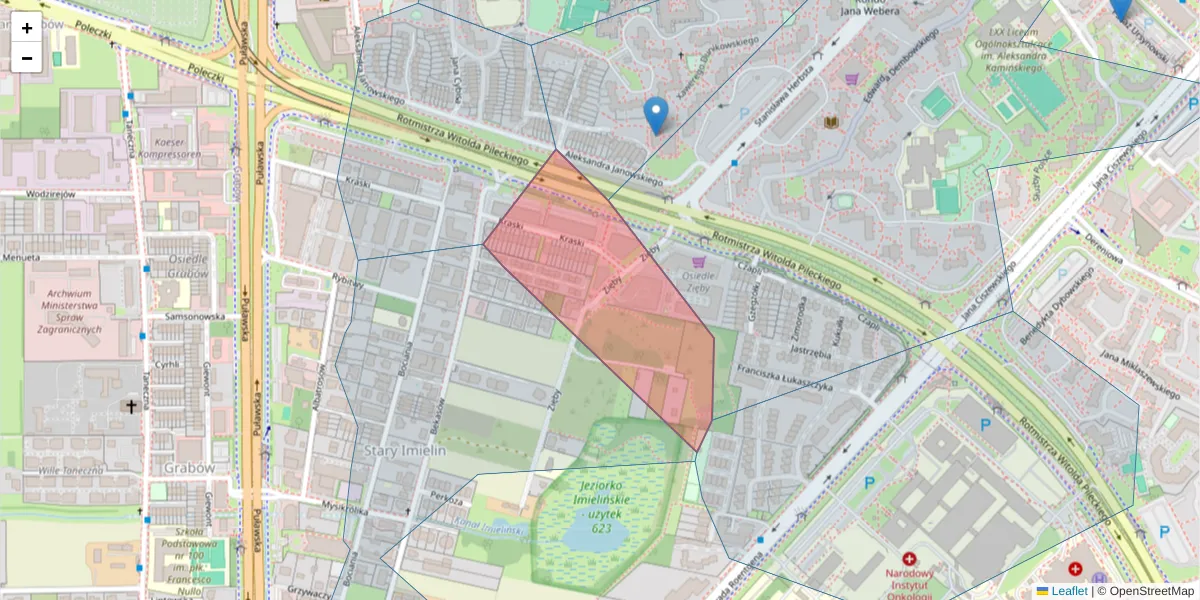 Szczegółowa mapa kodu pocztowego 02-804 z granicami, sąsiednimi kodami pocztowymi i urzędami pocztowymi